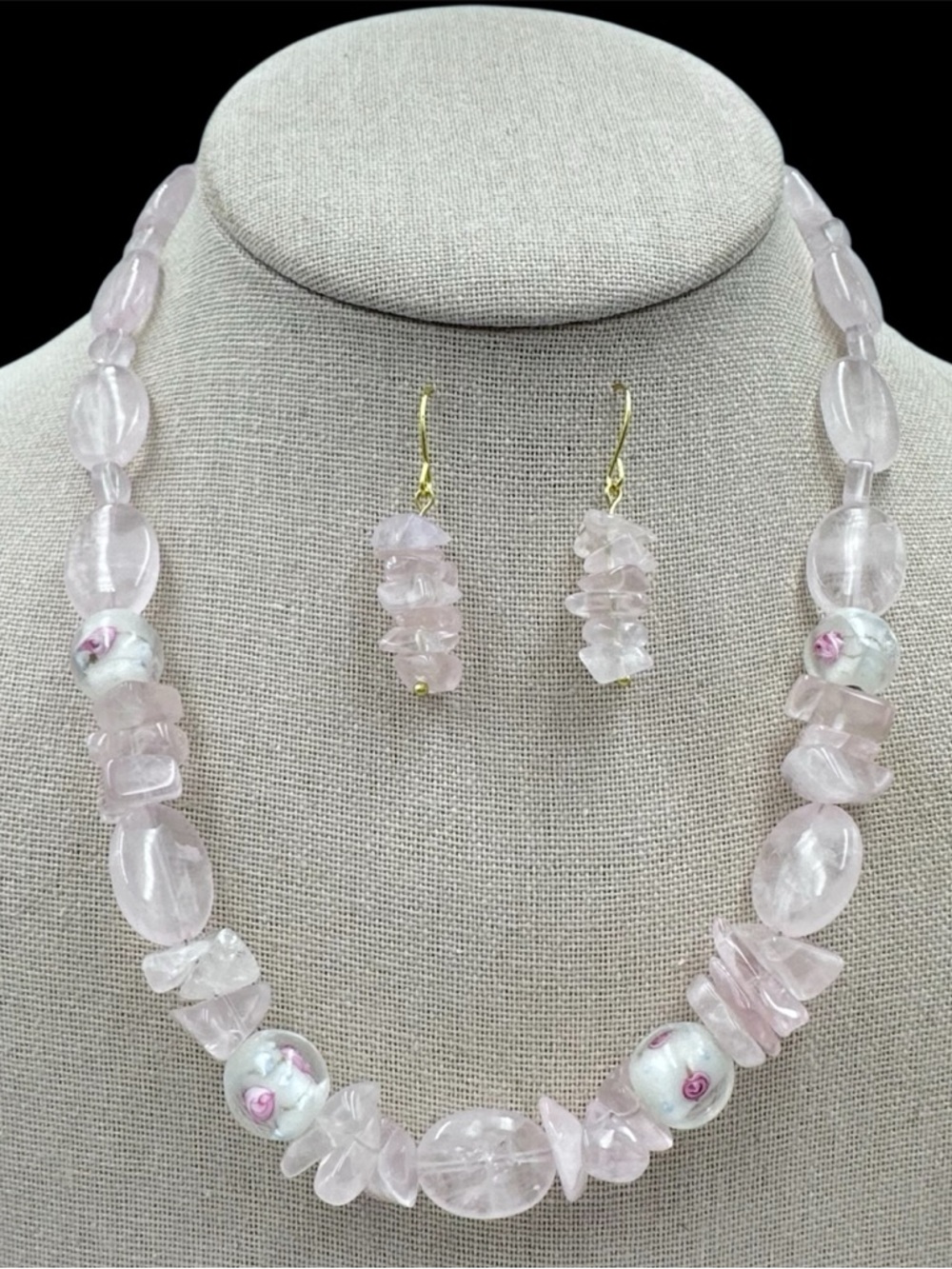 Rose Quartz Stone & Lampwork Glass Beaded Necklace Earrings Set